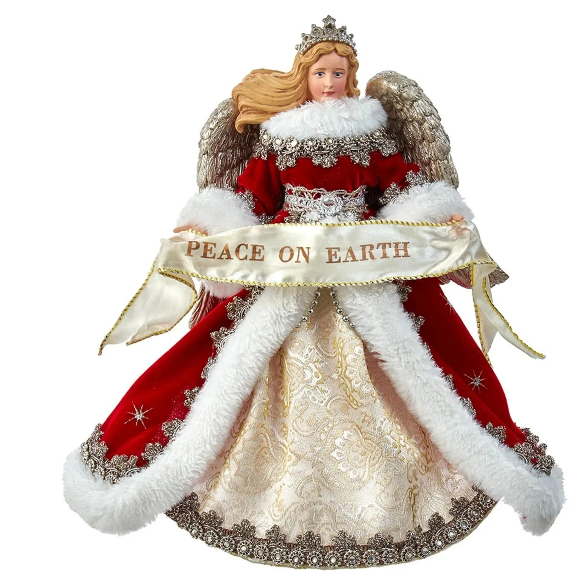 KSA Stars-10" Beige And Red Angel "Peace On Earth" Christmas Tree Topper, Unlit