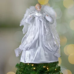 Northlight Angels-18" Blonde Angel In White And Sliver Dress With Faux Fur Trim Christmas Tree Topper