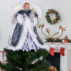 Northlight Angels-14" Blue And White Angel With Lighted Tree Christmas Tree Topper