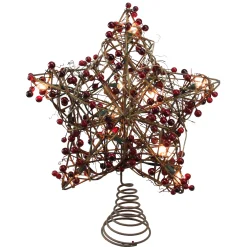 Northlight Stars-13.5" Brown Rattan With Red Berries Star Christmas Tree Topper - Clear Lights