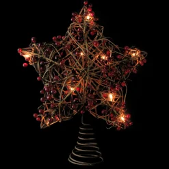 Northlight Stars-13.5" Brown Rattan With Red Berries Star Christmas Tree Topper - Clear Lights