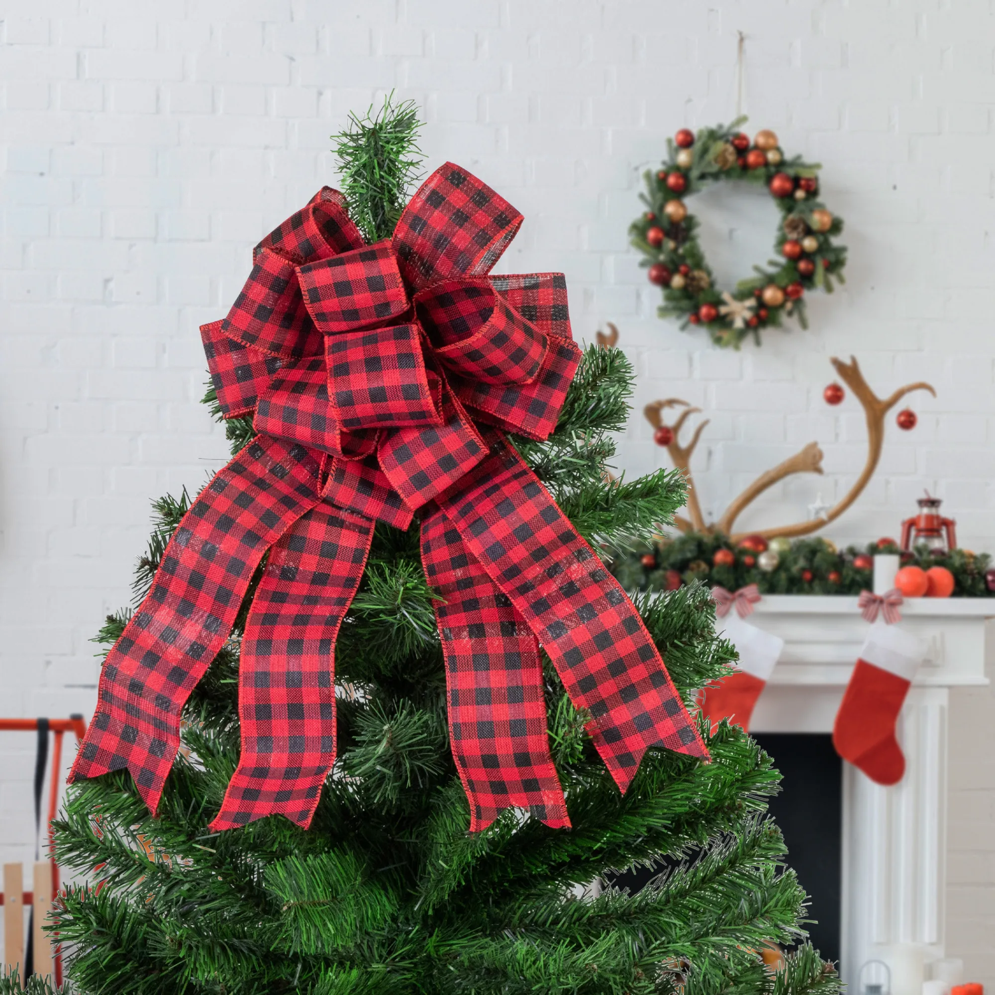 Northlight Stars-19" Buffalo Plaid Print 14 Loop Christmas Bow Tree Topper