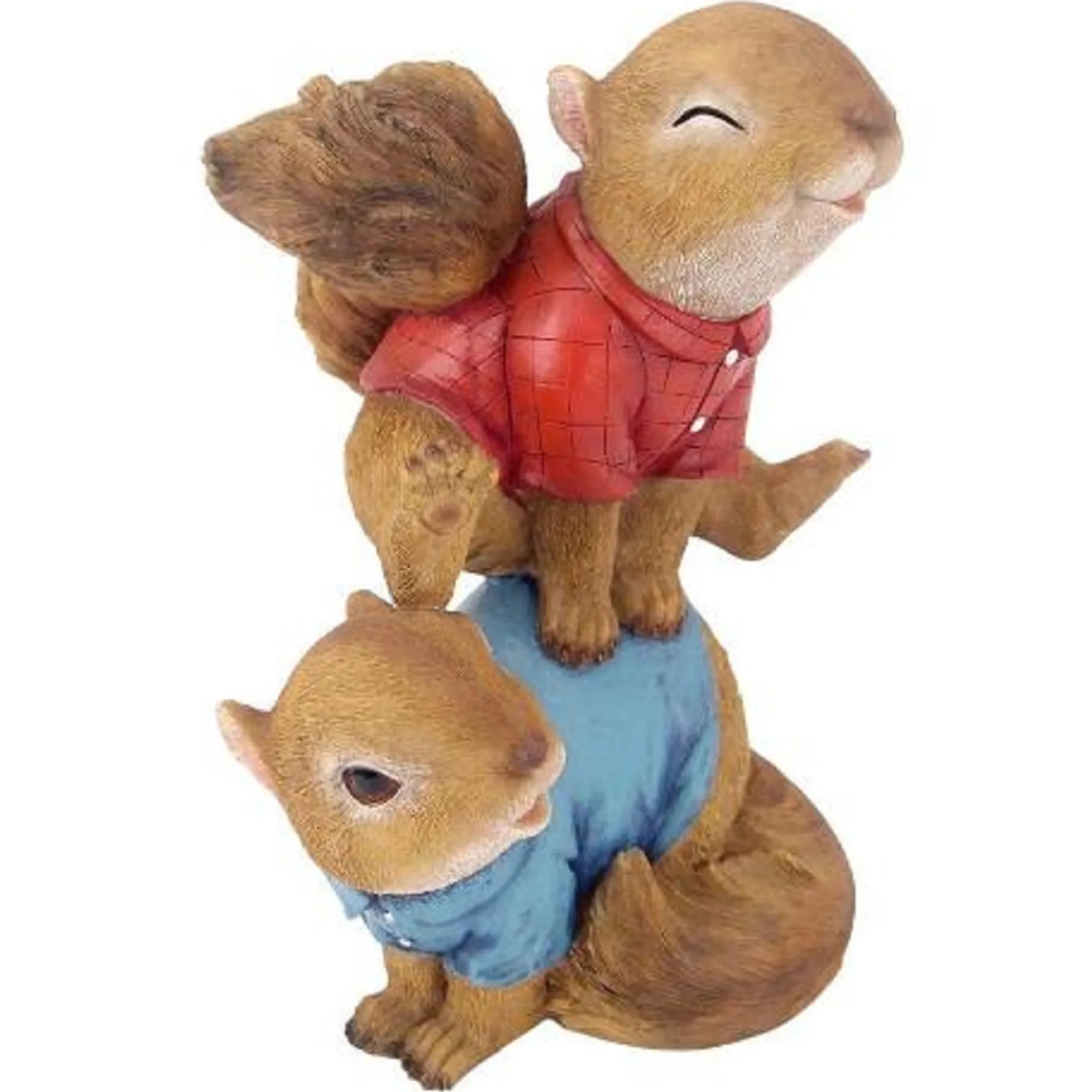 Outdoor Living and Style Finials-9" Duo Of Fun Leaping Squirrels In Red And Blue Shirt