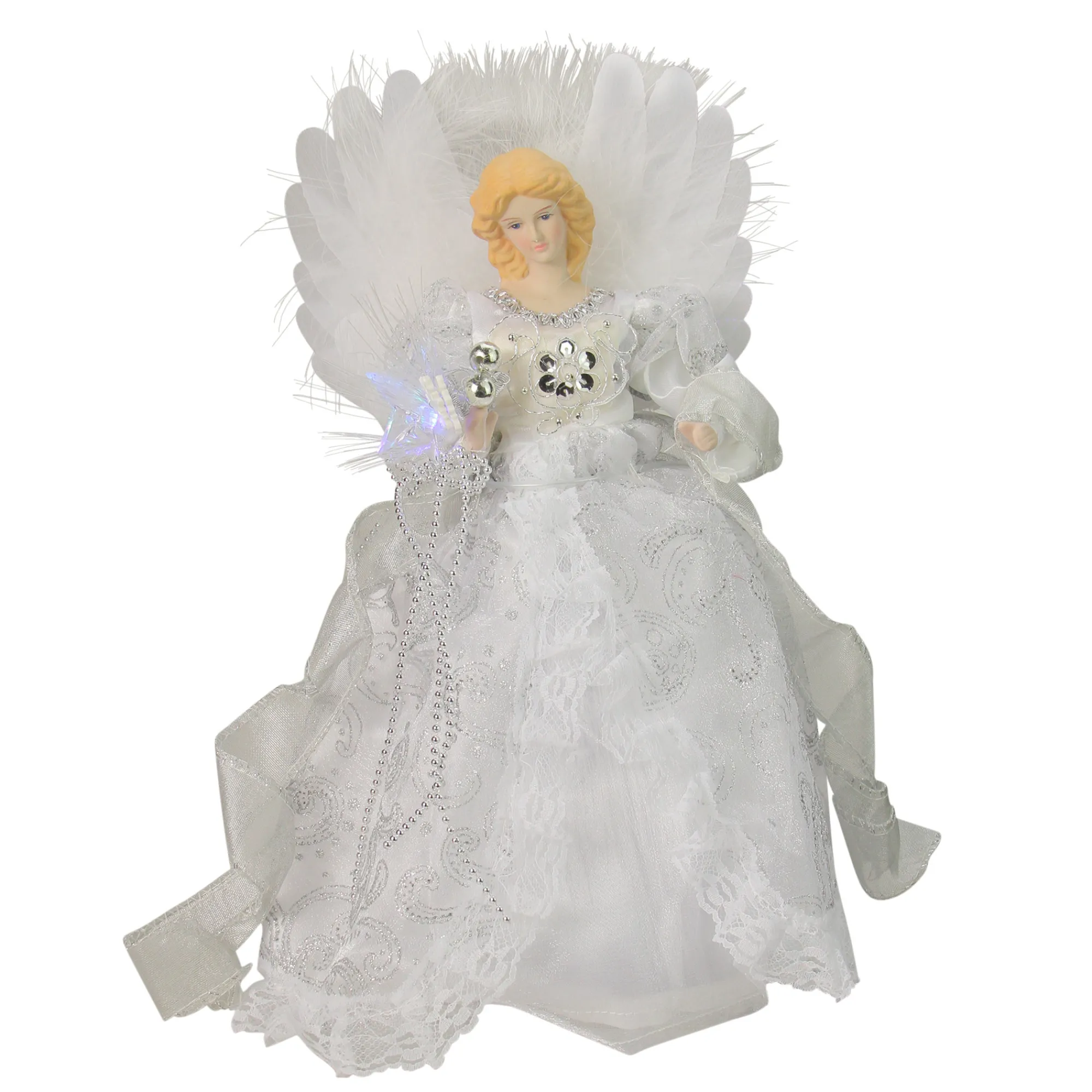 Kurt Adler Angels-12" Elegant White And Silver Led Light Fiber Optic Angel Christmas Tree Topper