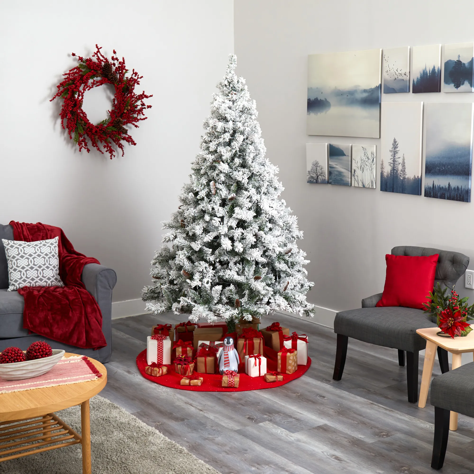 Nearly Natural Unlit-7' Flocked With White Pinecones Artificial Christmas Tree, Unlit