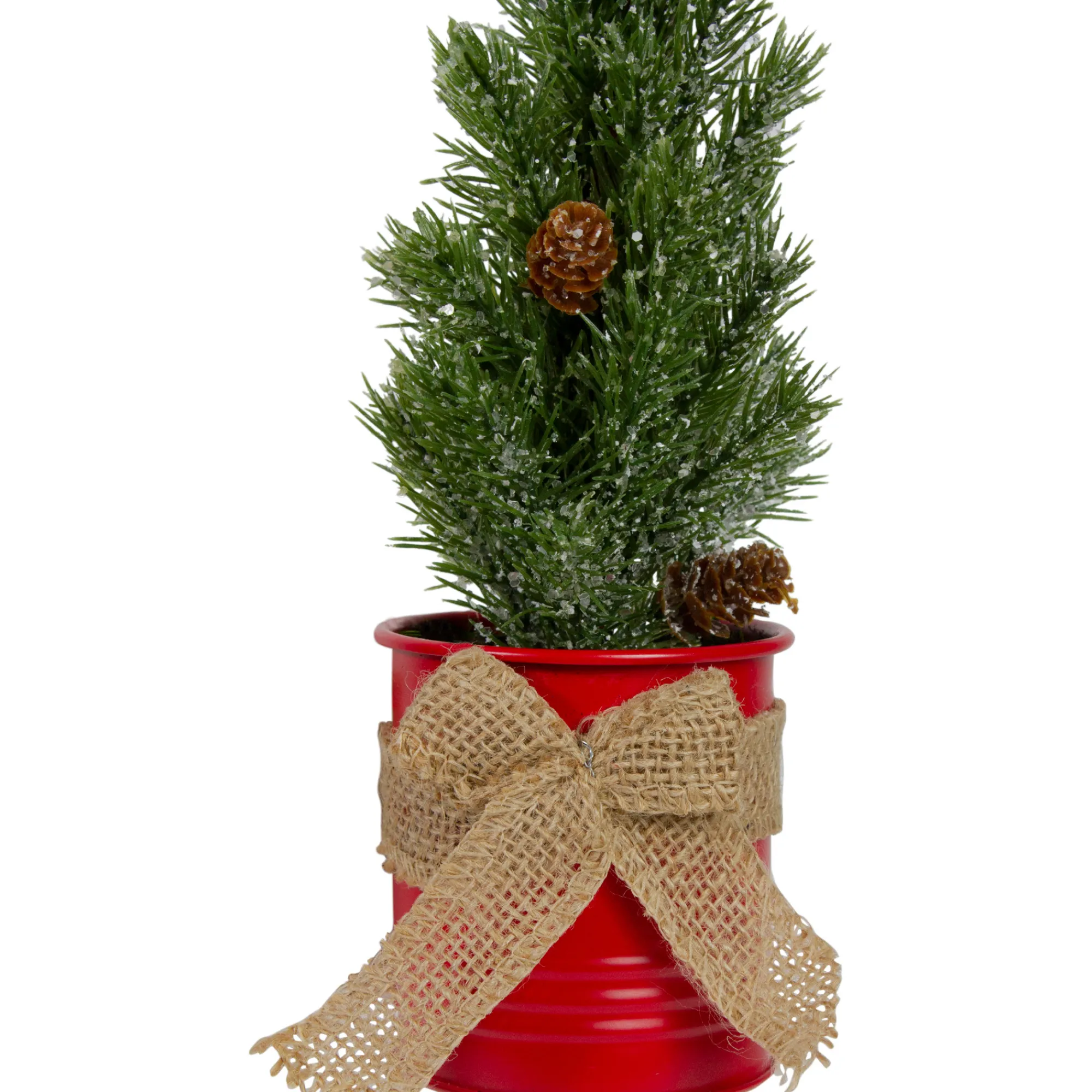 Northlight Unlit-11.75" Frosted Upswept Mini Pine Christmas Tree In Red Tin Pot - Unlit