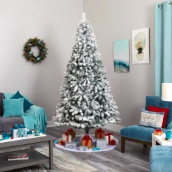 Nearly Natural Unlit-8' Full Flocked Rock Springs Spruce Artificial Christmas Tree, Unlit