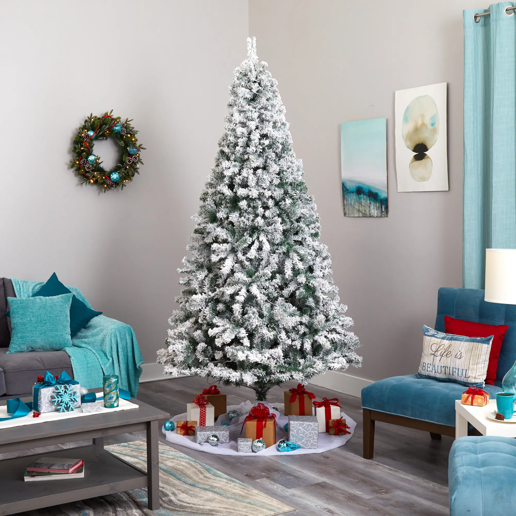 Nearly Natural Unlit-8' Full Flocked Rock Springs Spruce Artificial Christmas Tree, Unlit