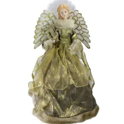 Northlight Angels-16" Gold And Brown Lighted Angel In Gown With Harp Christmas Tree Topper
