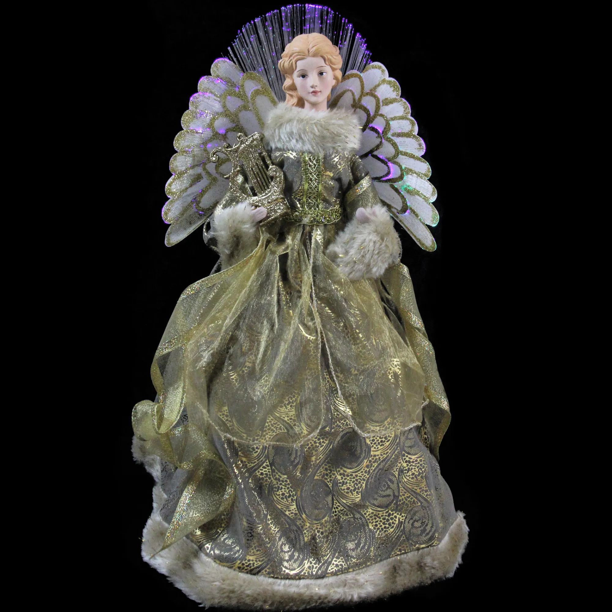 Northlight Angels-16" Gold And Brown Lighted Angel In Gown With Harp Christmas Tree Topper