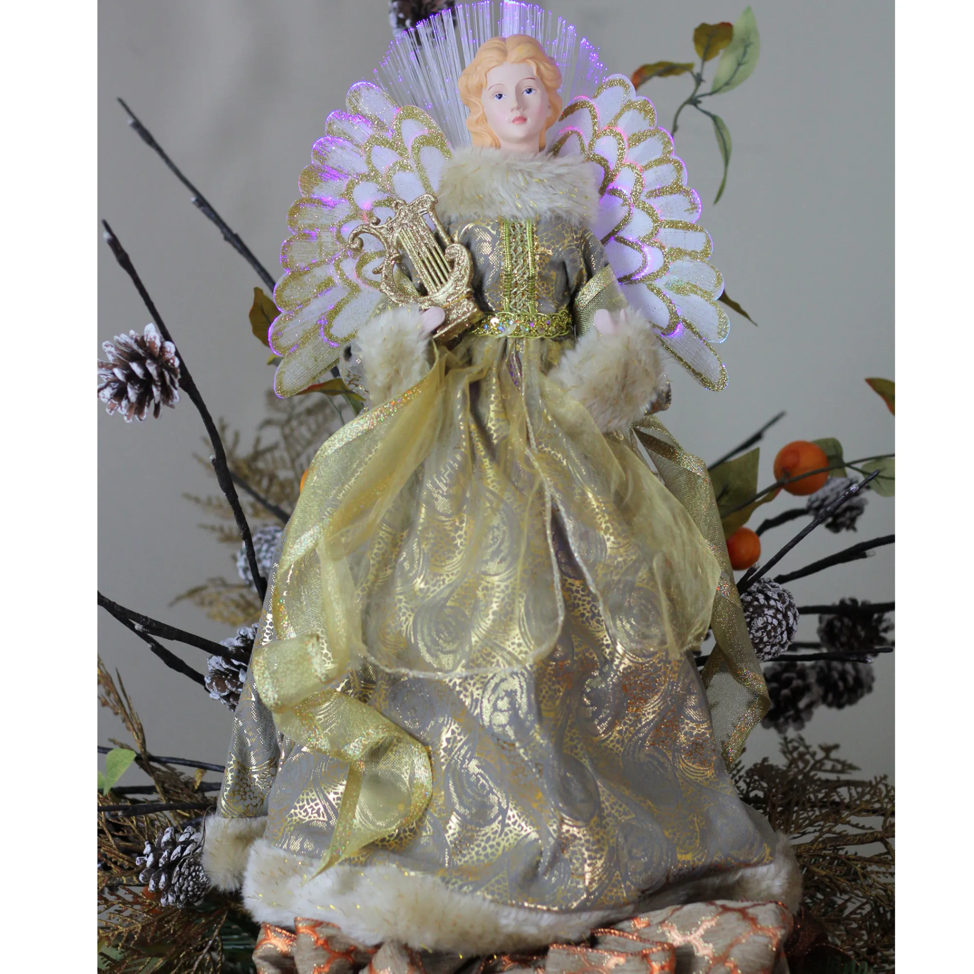 Northlight Angels-16" Gold And Brown Lighted Angel In Gown With Harp Christmas Tree Topper