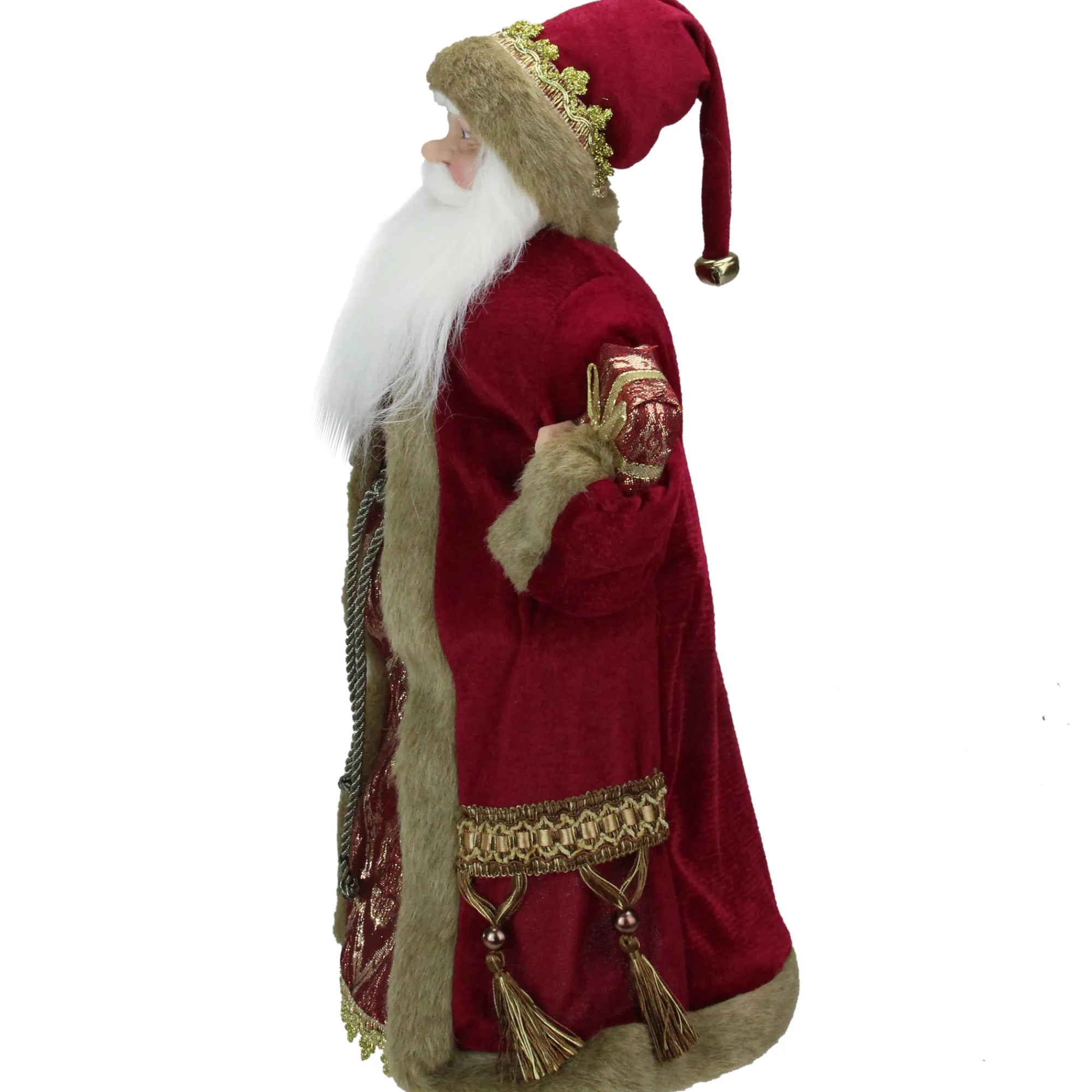 Northlight Santa Claus-18" Gold And Burgundy Red Santa Claus Holding A Gift Box Tree Topper - Unlit