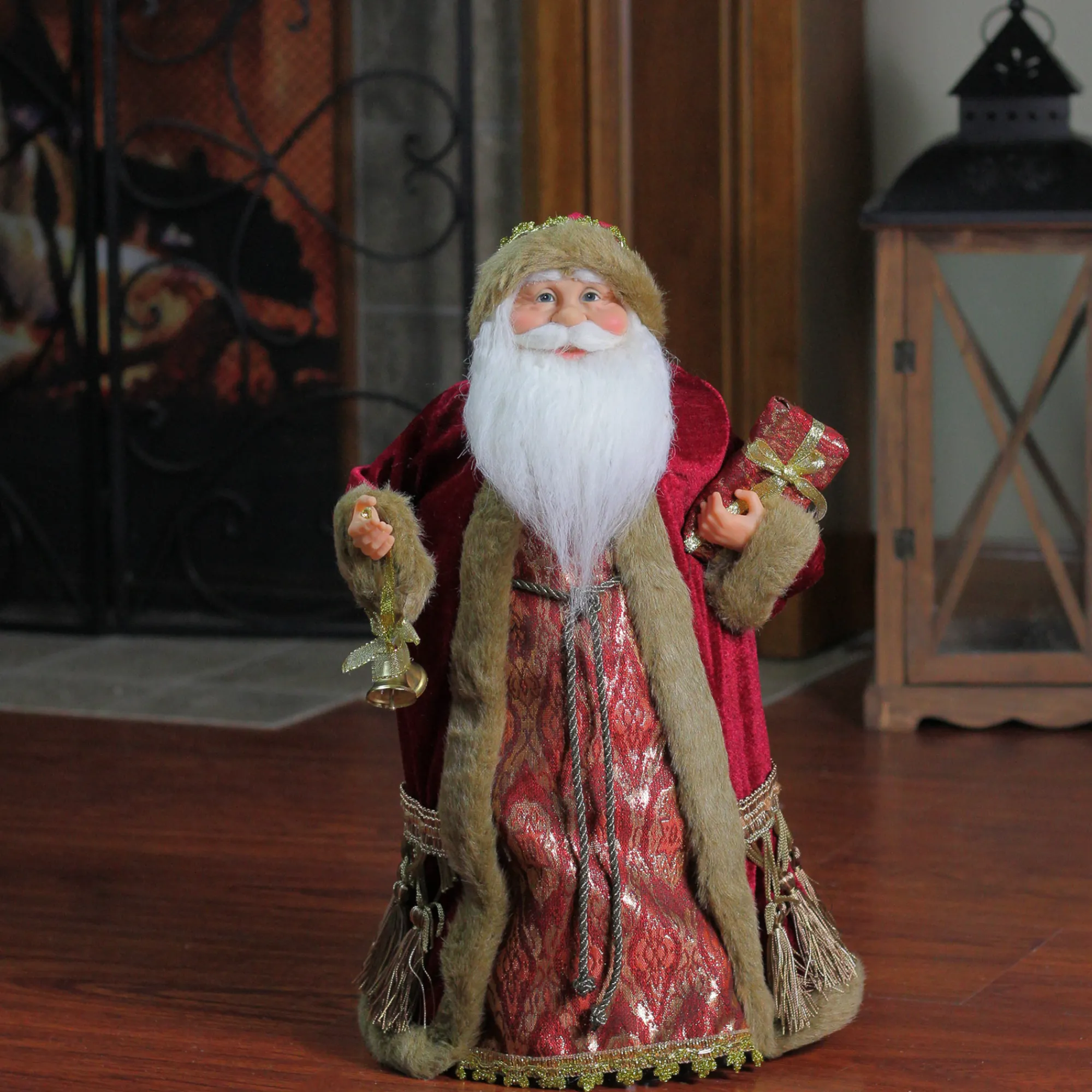 Northlight Santa Claus-18" Gold And Burgundy Red Santa Claus Holding A Gift Box Tree Topper - Unlit