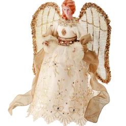 Contemporary Home Living Angels-16" Gold And White Embroidered Angel With Sheer Wings Christmas Tree Topper, Unlit