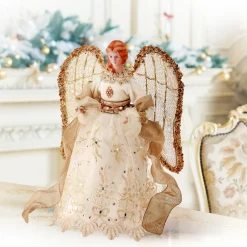 Contemporary Home Living Angels-16" Gold And White Embroidered Angel With Sheer Wings Christmas Tree Topper, Unlit