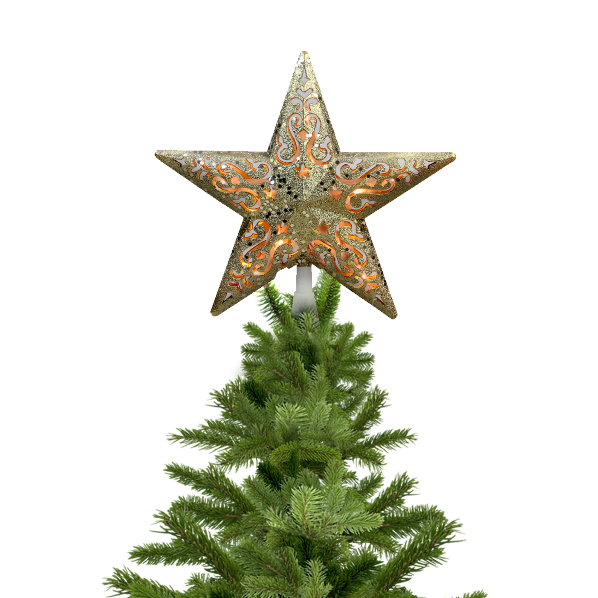 Northlight Stars-8.25" Gold Glitter Star Christmas Tree Topper - Clear Lights