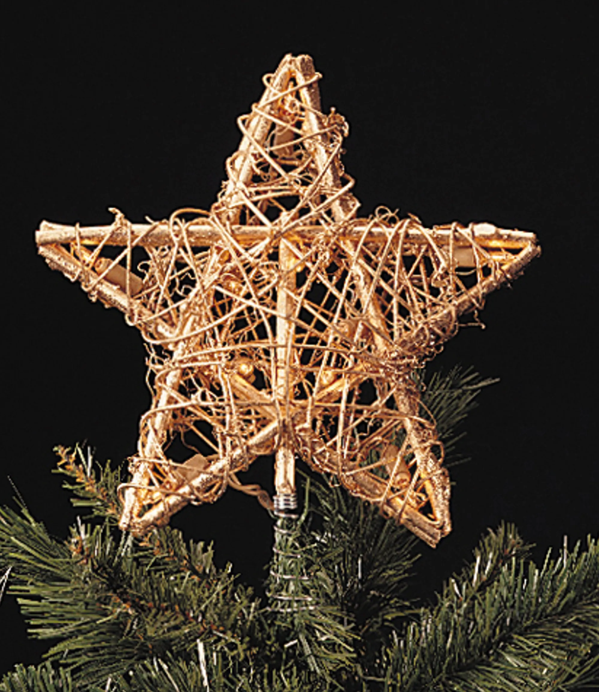 Kurt Adler Stars-11" Gold Glittered Rattan 3D Star Christmas Tree Topper - Clear Lights