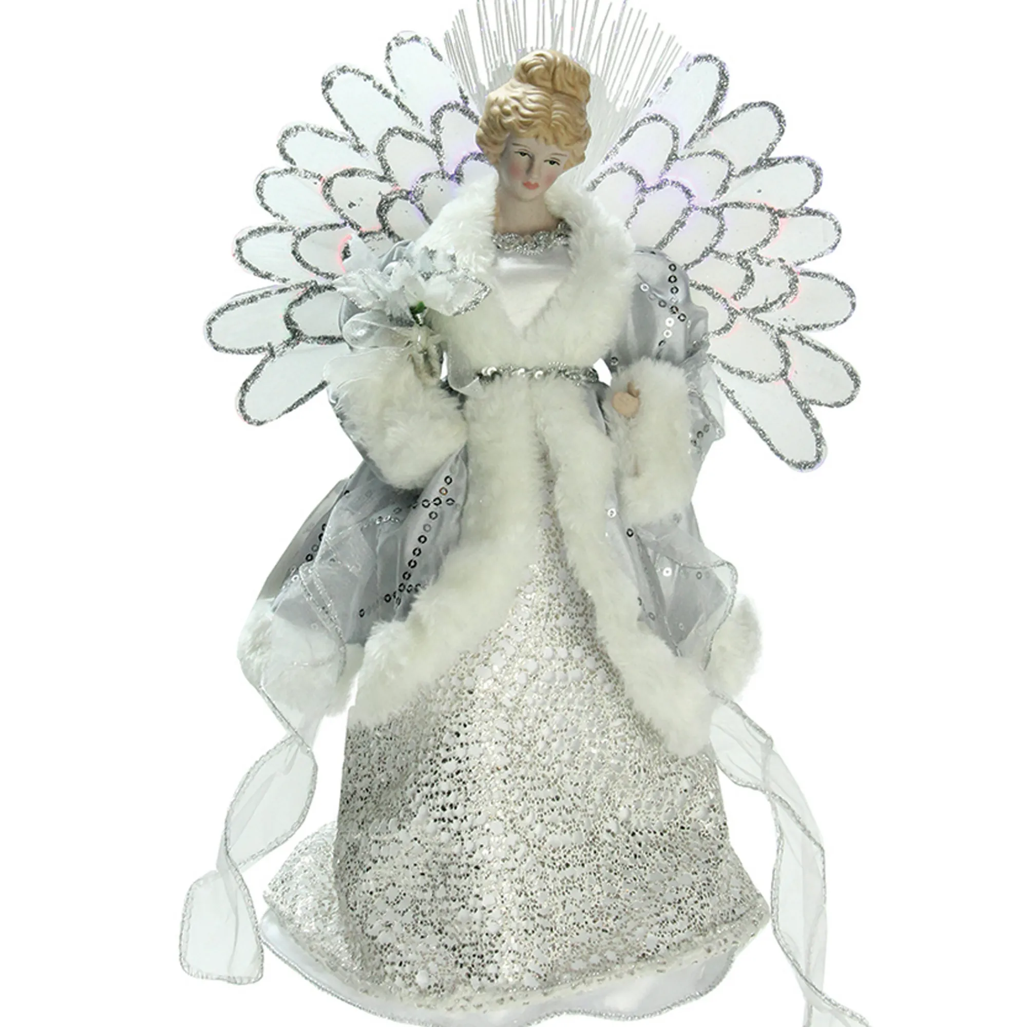 Northlight Angels-13" Gray And Silver Lighted Fiber Optic Angel In Gown Christmas Tree Topper - Multicolor Lights