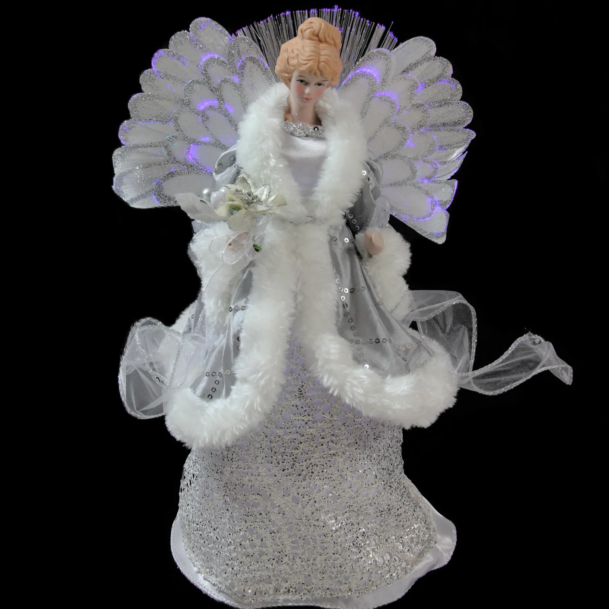 Northlight Angels-13" Gray And Silver Lighted Fiber Optic Angel In Gown Christmas Tree Topper - Multicolor Lights