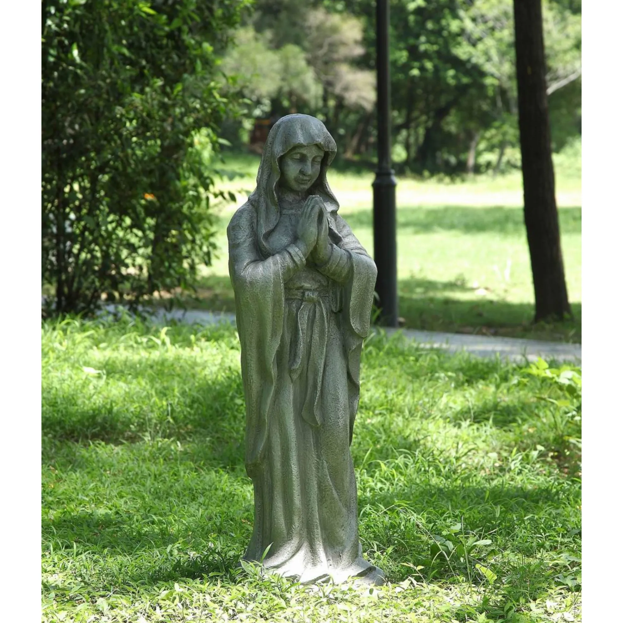Hi-Line Gifts Finials-32" Gray Mary Standing With Her Hands Folded Religious Garden Statue