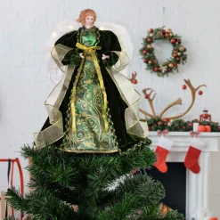 Northlight Angels-14" Green And Gold Angel With Lighted Wings Christmas Tree Topper