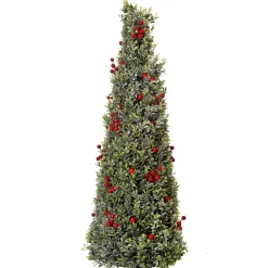 Contemporary Home Living Unlit-30" Green And Red Berry Frosted Boxwood Cone Artificial Christmas Tree