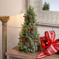 Contemporary Home Living Unlit-18" Green And Red Berry Frosted Boxwood Cone Artificial Christmas Tree