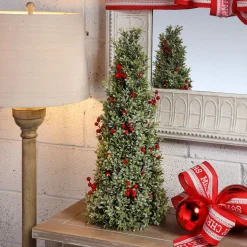 Contemporary Home Living Unlit-24" Green And Red Berry Frosted Boxwood Cone Artificial Christmas Tree