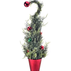 Contemporary Home Living Unlit-18" Green And Red Shatterproof Curl Top Cedar With Balls Potted Christmas Tabletop Tree