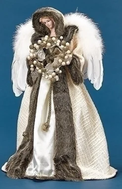 Roman Angels-18.5" Ivory And Faux Fur Angel With Wreath Christmas Tree Topper - Unlit
