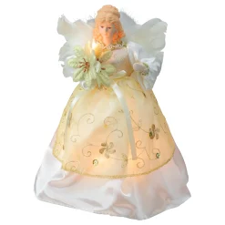 Kurt Adler Angels-9.5" Ivory And Gold Angel With Poinsettia Christmas Tree Topper - Clear Lights