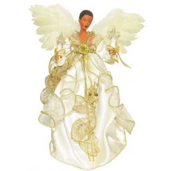 CC Christmas Decor Angels-12" Ivory And Gold Colored African American Christmas Indoor Accent Lighted Angel Tree Topper
