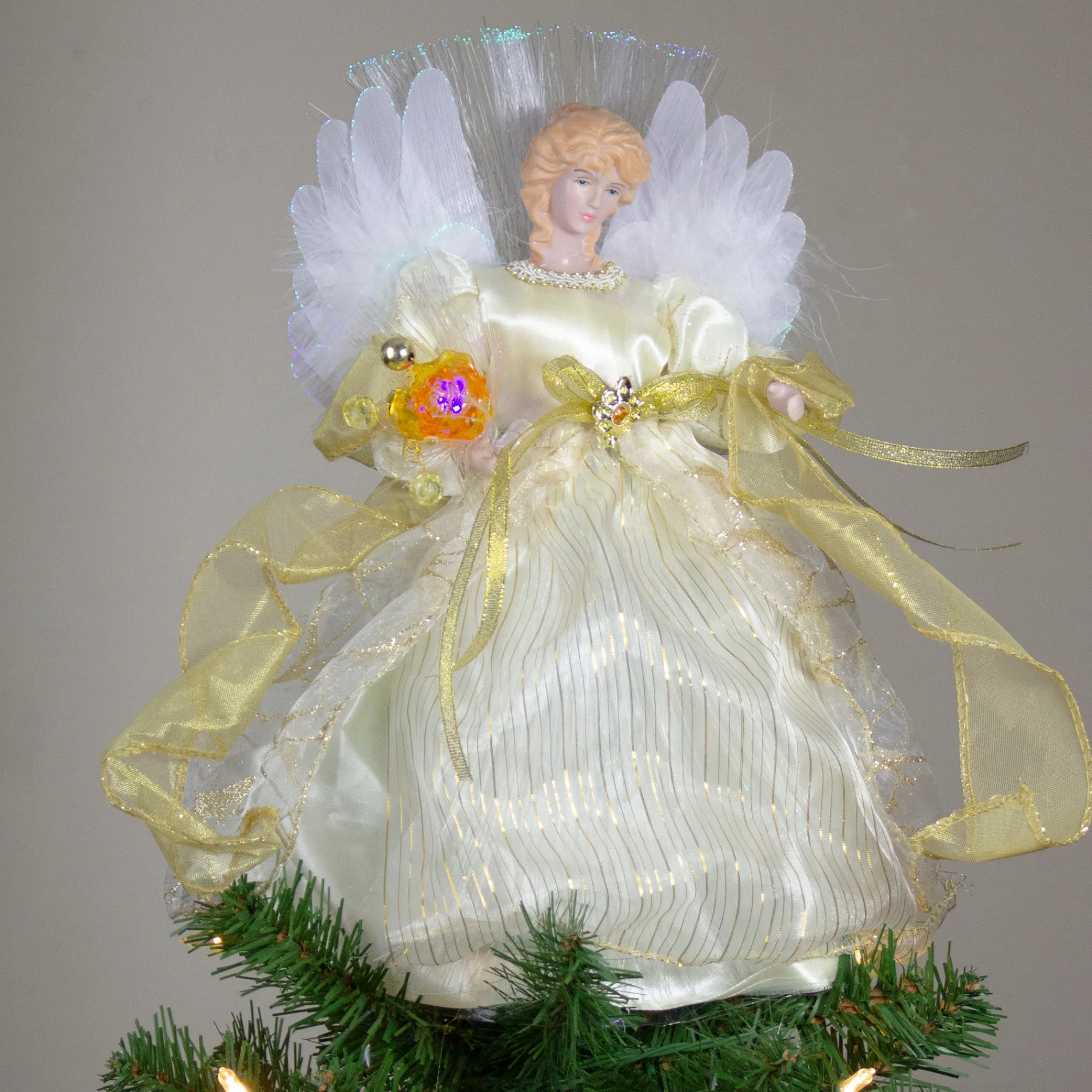 Kurt Adler Angels-12" Ivory And Gold Lighted Angel Christmas Tree Topper - Clear Lights