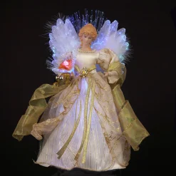 KSA Angels-12" Ivory And Gold Lighted Fiber Optic Angel Christmas Tree Topper