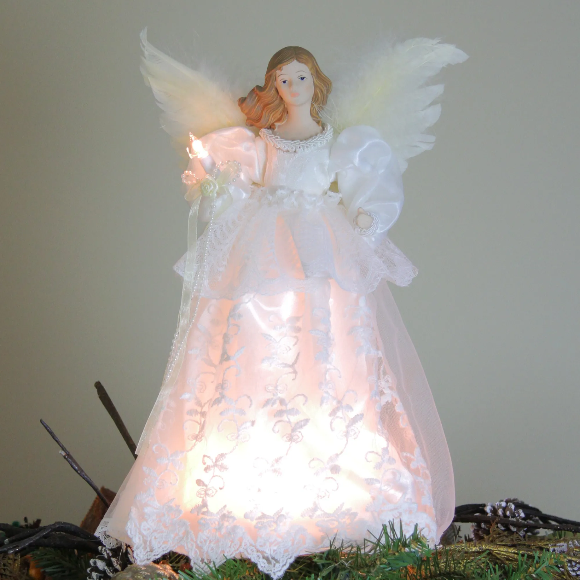 Kurt Adler Angels-14" Ivory And White Lighted Angel Christmas Tree Topper - Clear Lights