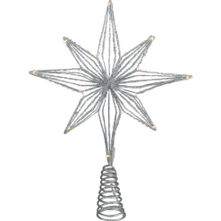Northlight Stars-13.75" Led Lighted B/O Silver Glittered Geometric Star Christmas Tree Topper - Warm White Lights