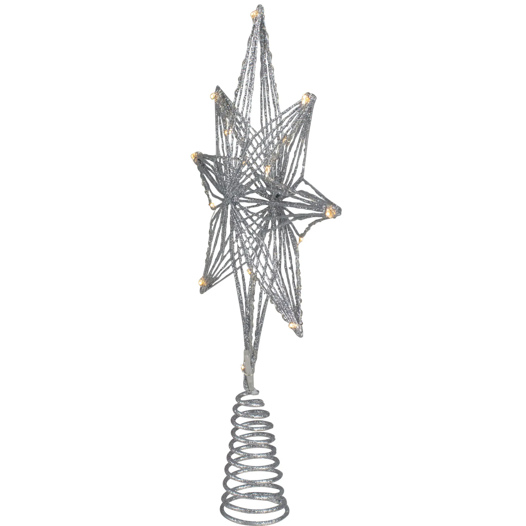 Northlight Stars-13.75" Led Lighted B/O Silver Glittered Geometric Star Christmas Tree Topper - Warm White Lights
