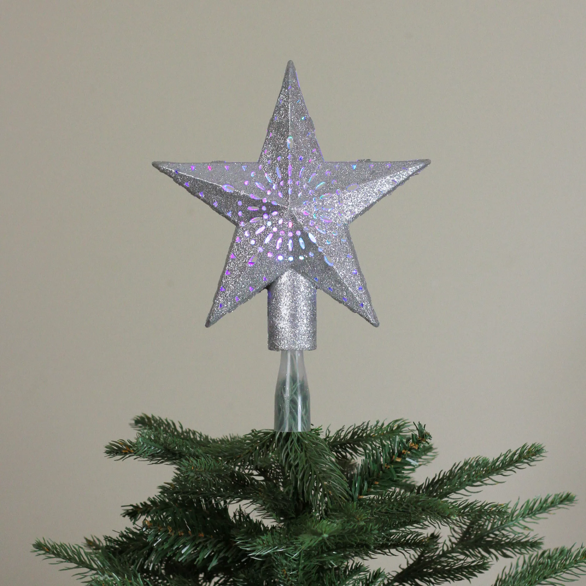 Kurt Adler Stars-9" Led Lighted Sliver Glitter Star Christmas Tree Topper - Multi Lights