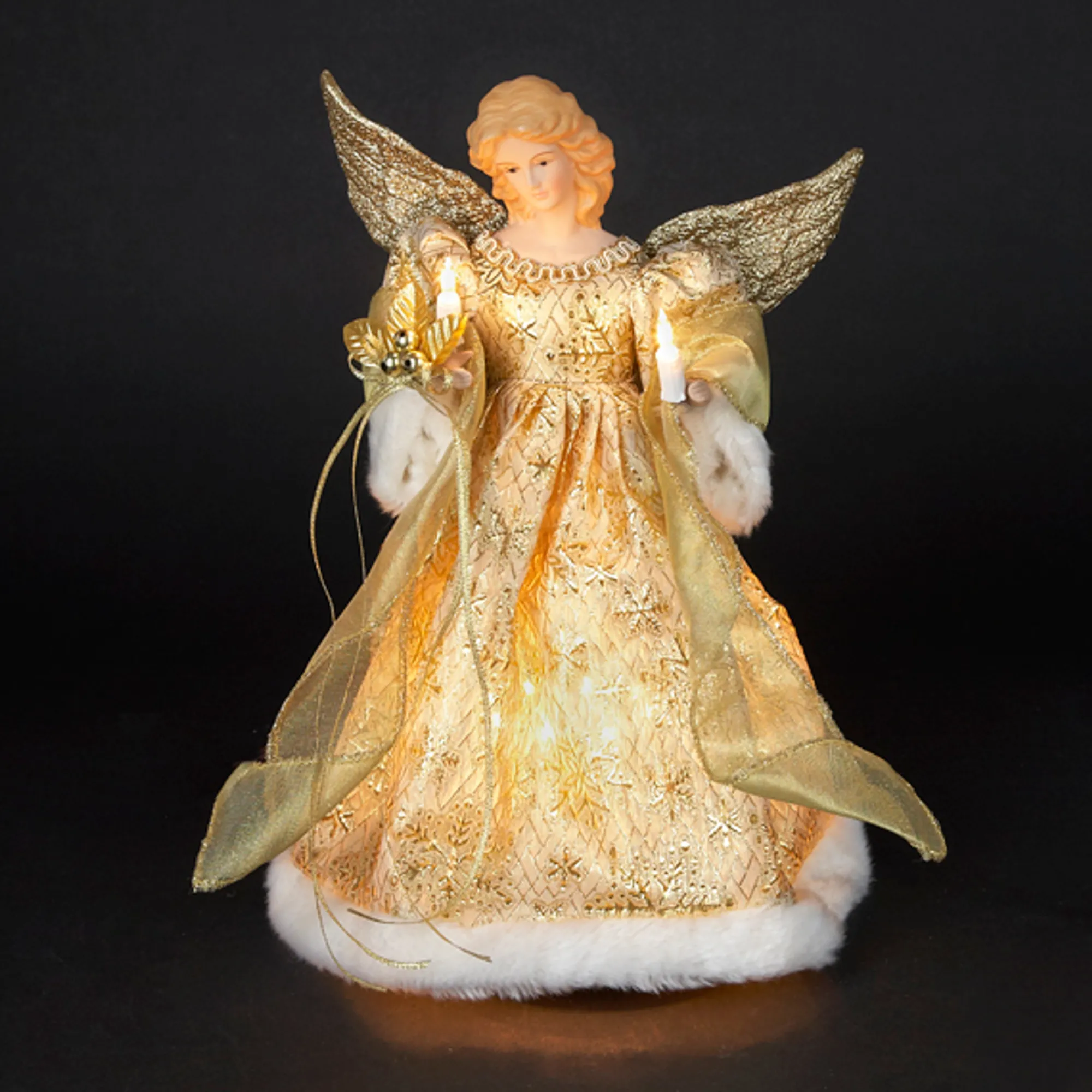 KSA Angels-14" Lighted Angel In Gold Snowflake Dress Christmas Tree Topper Figure
