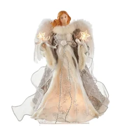 KSA Stars-14" Lighted Brown And White Angel With Stars Christmas Tree Topper, Clear Lights