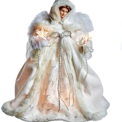 KSA Stars-14.5" Lighted Brown And White Angel Holding Stars Christmas Tree Topper, Clear Lights