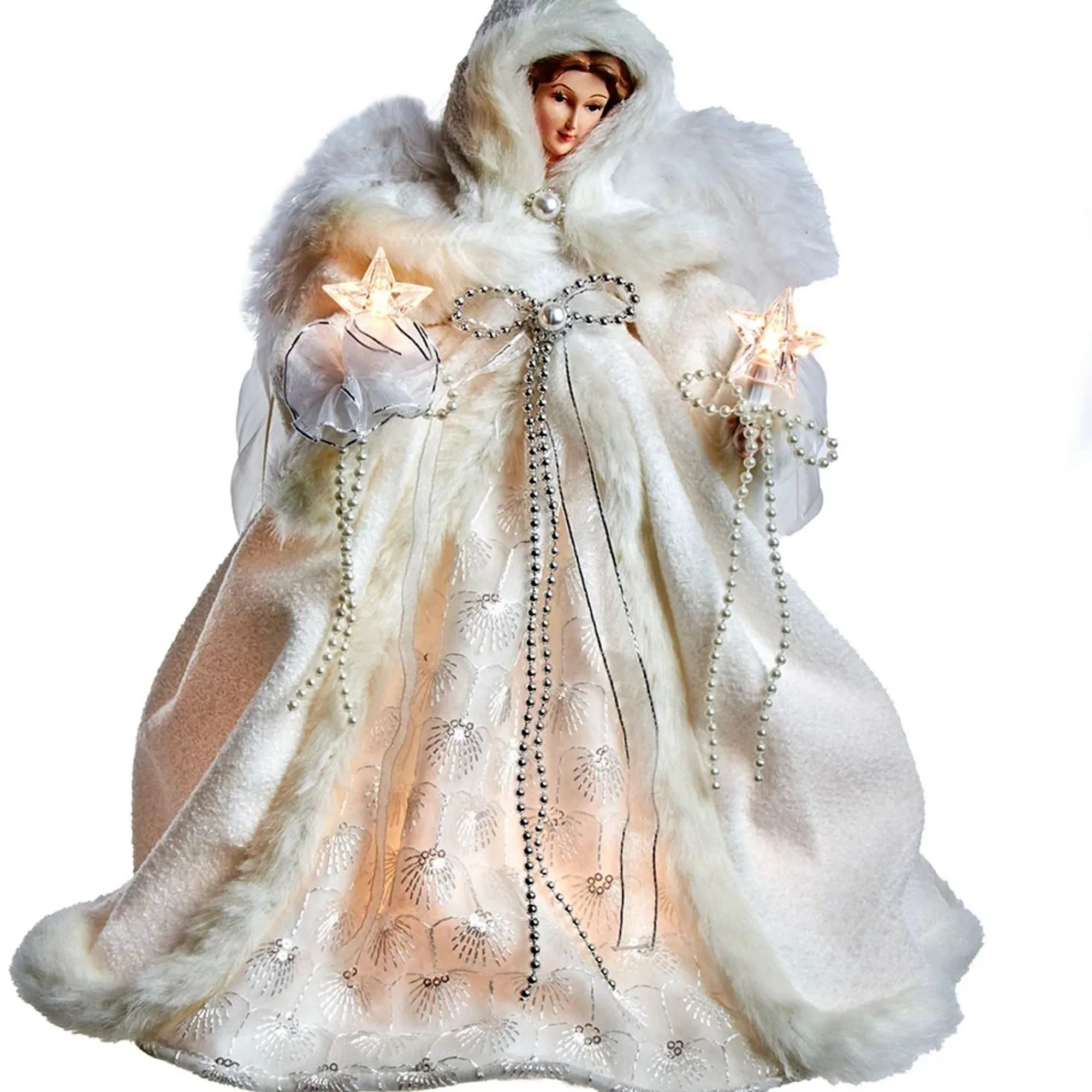 KSA Stars-14.5" Lighted Brown And White Angel Holding Stars Christmas Tree Topper, Clear Lights