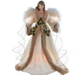 KSA Stars-16" Lighted Brown Rustic Angel With Star Candles Christmas Tree Topper, Clear Lights