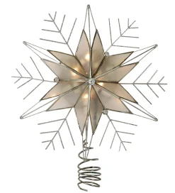 Kurt Adler Stars-10.5" Lighted Capiz Star With Silver Snow Flake Christmas Tree Topper - Clear Lights
