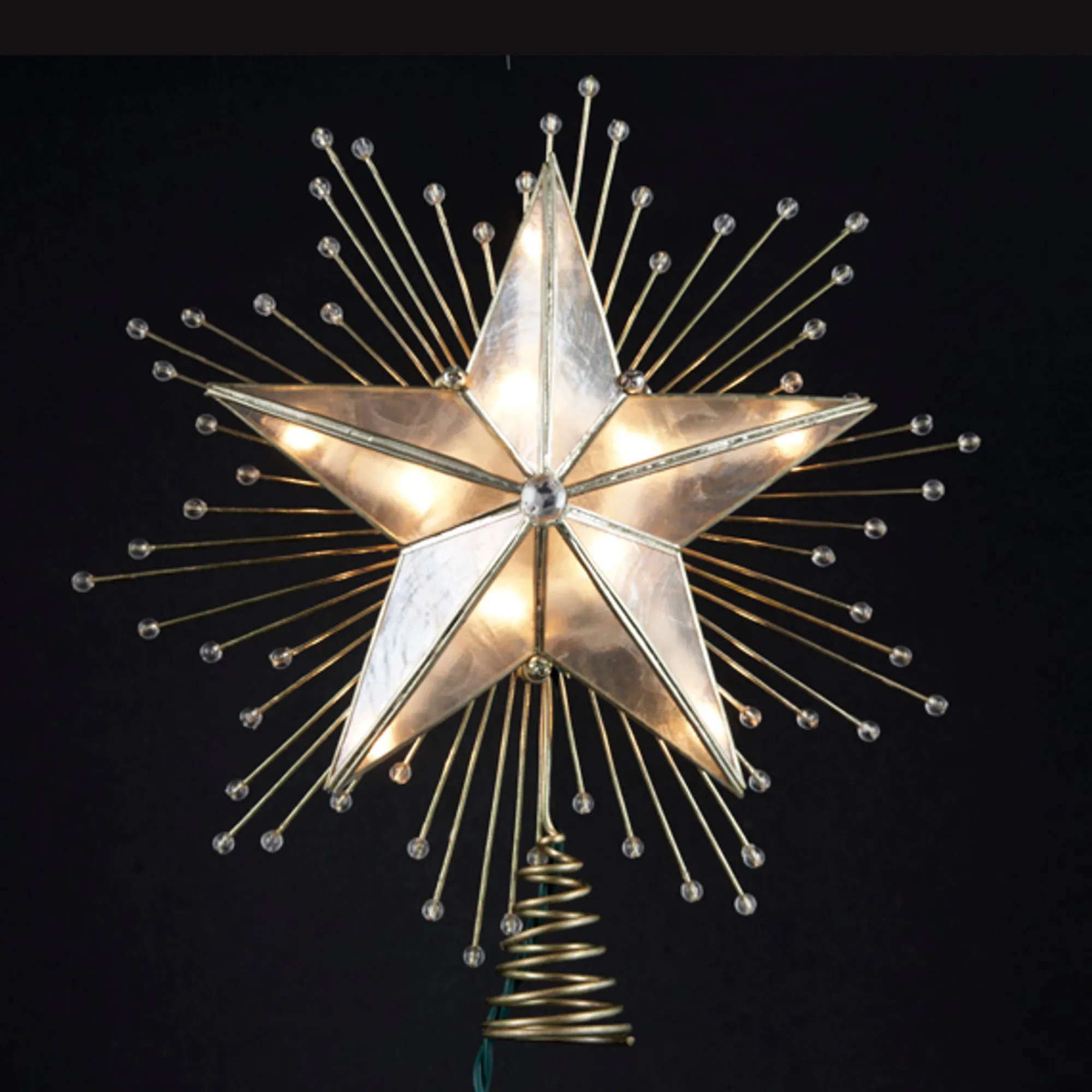 KSA Stars-8.75" Lighted Capiz Star With Beaded Sunbursts Christmas Tree Topper- Clear Lights