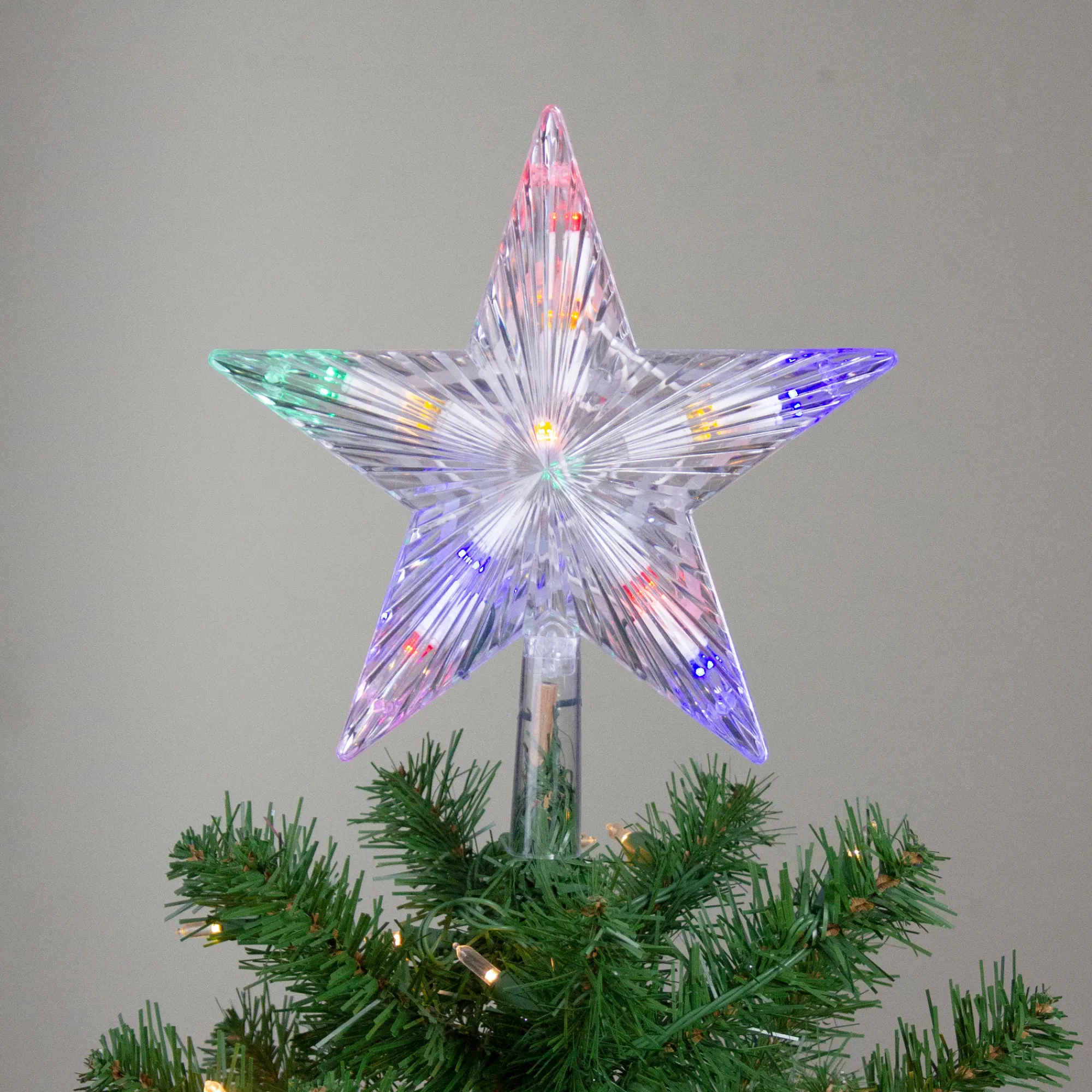 Hofert Stars-9.5" Lighted Clear Constant Wide Angle 5 Point Star Christmas Tree Topper - Multicolor Led Lights