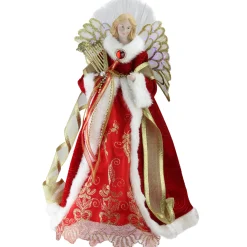 Northlight Angels-16" Lighted Fiber Optic Angel In Garnet Red Coat With Harp Christmas Tree Topper