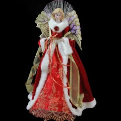 Northlight Angels-16" Lighted Fiber Optic Angel In Garnet Red Coat With Harp Christmas Tree Topper