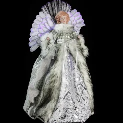 Northlight Angels-16" Lighted Fiber Optic Angel In Silver Gingham Coat Christmas Tree Topper