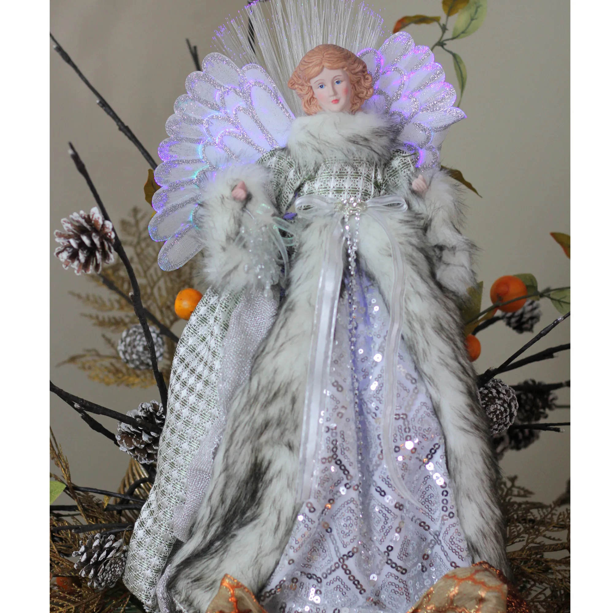Northlight Angels-16" Lighted Fiber Optic Angel In Silver Gingham Coat Christmas Tree Topper